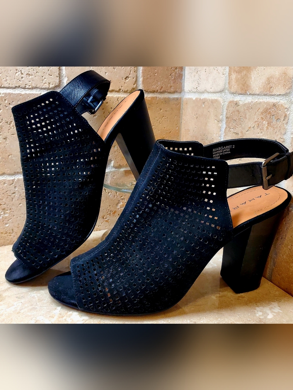 Tahari Margaret M Black Perforated Peep-Toe 4"  Block Heel Sandals